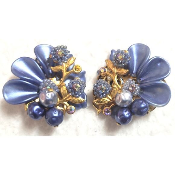 Vtg 1950s Glamorous Hollywood Celluloid Floral Statement Blue Clip On Earrings - Picture 1 of 5